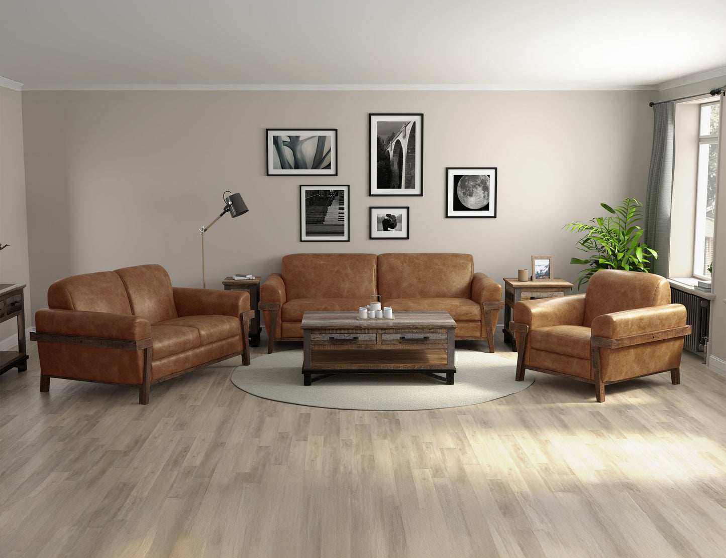 Wooden Frame & Base, Armchair - Caramel Color