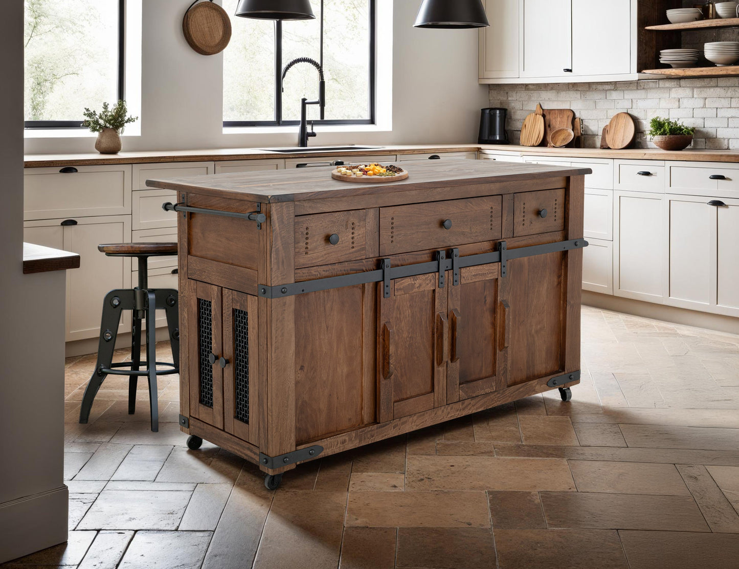 3 Drawer 4 Doors 2 Sliding Doors Kitchen Island - Cinnamon Brown