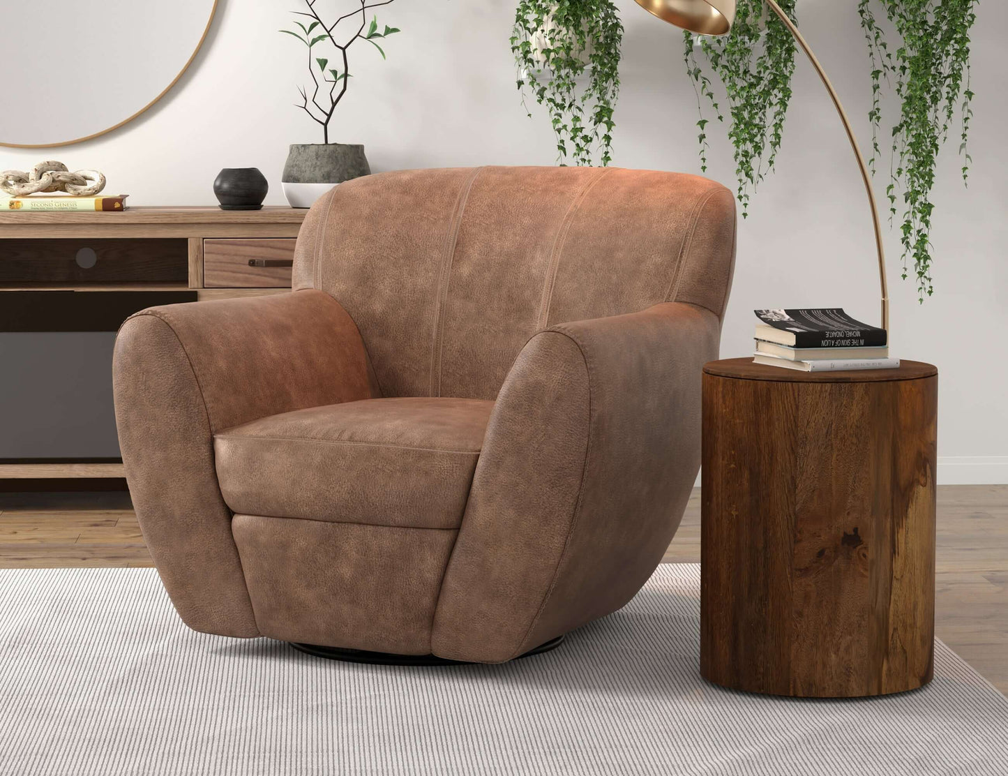 Wooden Frame & Metal Base, 360 Degree Swivel Accent Chair - Chocolate Brown