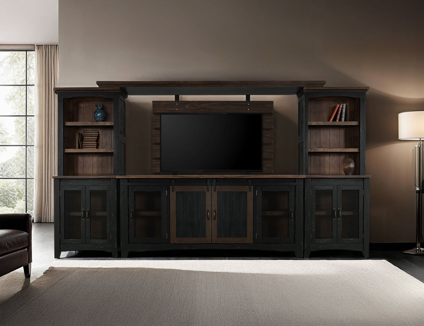 2 Sliding Doors, 2 Mesh Doors TV-Stand - Black & Medium Brown