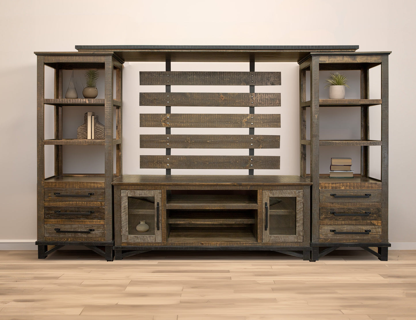 2 Door TV Stand for Wall Unit - Two Tone Gray & Brown
