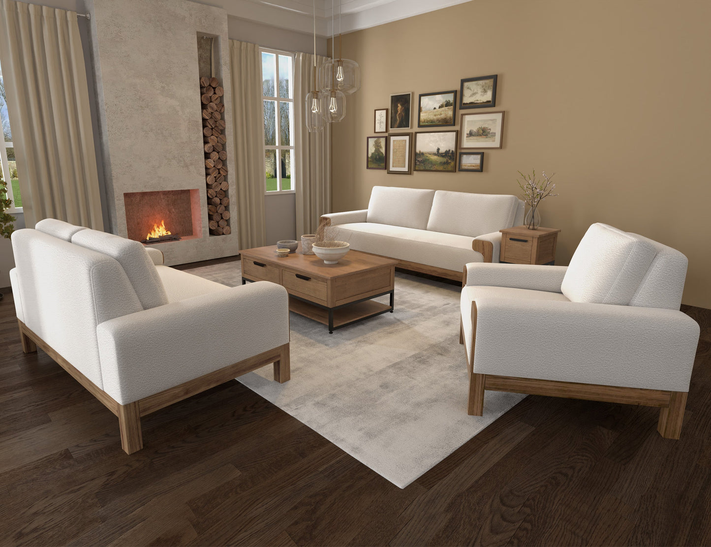 Wooden Frame & Base, Armchair - Light Cream
