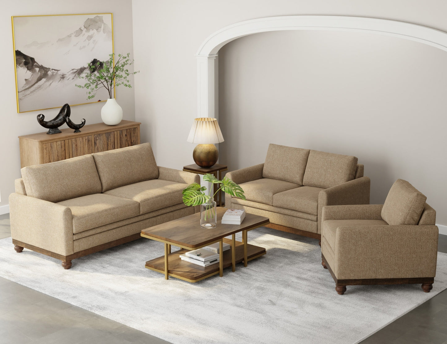 Wooden Frame & Base, Sofa - Brown Camel