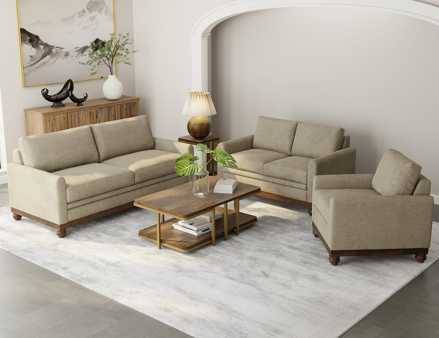 Wooden Frame & Base, Armchair - Almond Gray