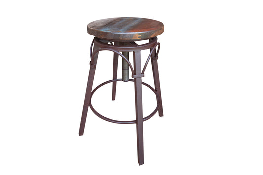 Wooden Seat Adjustable 24-30" Swivel Iron Base Barstool - Multicolor