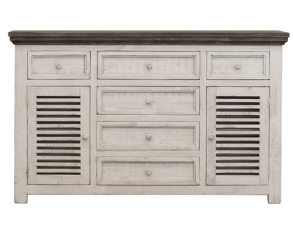 6 Drawer 2 Door Buffet - Antiqued Ivory & Weathered Gray