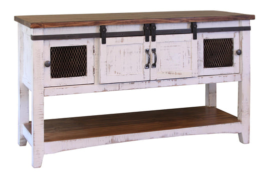 2 Sliding Doors 2 Metal Mesh Doors Sofa Table - Antiqued White & Brown