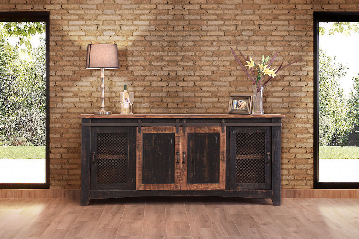 2 Sliding Doors, 2 Mesh Doors 80" TV Stand - Black & Medium Brown