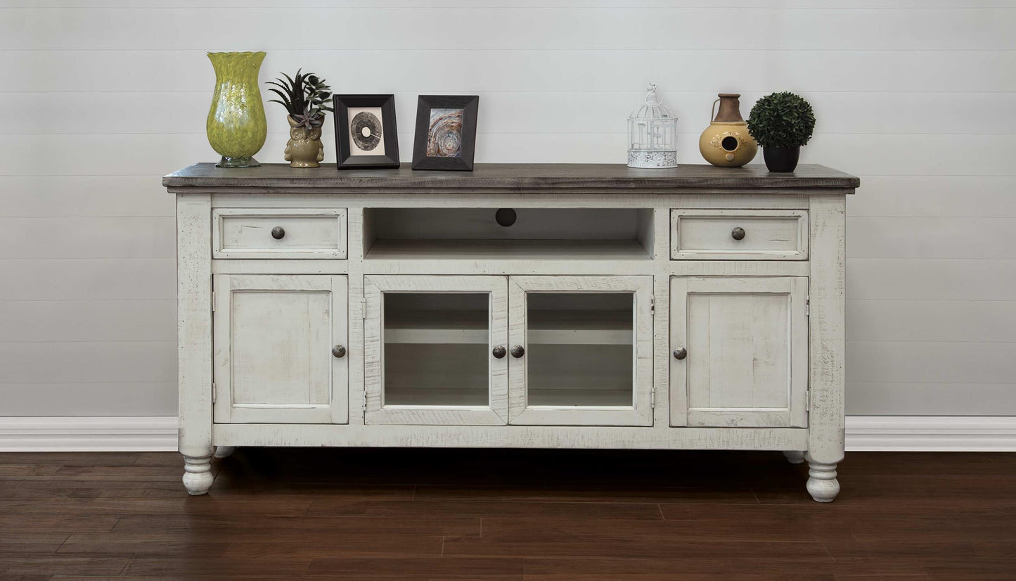 2 Drawer 4 Doors 70" TV Stand - Antiqued Ivory & Weathered Gray