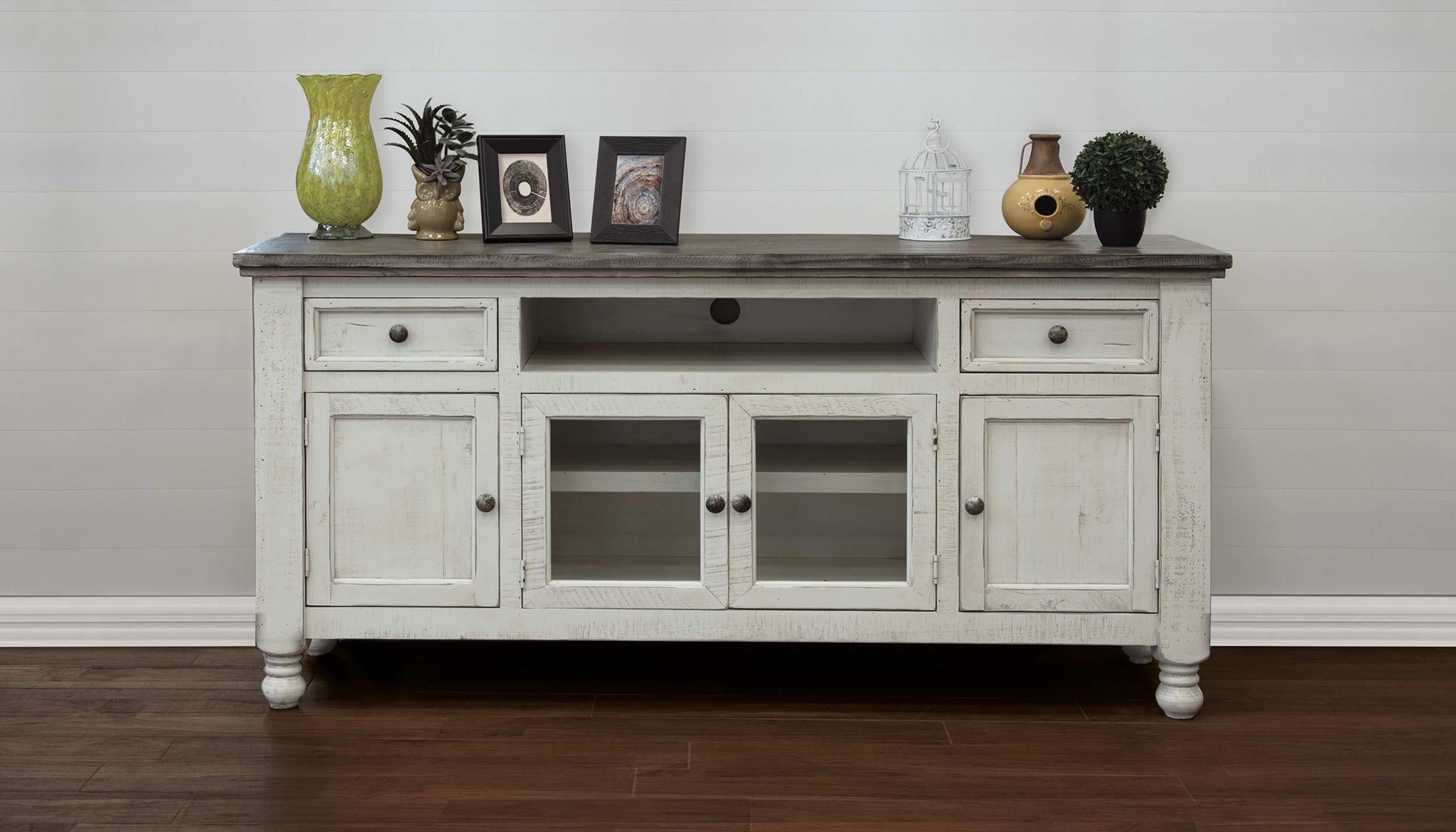 2 Drawer 4 Doors 70" TV Stand - Antiqued Ivory & Weathered Gray