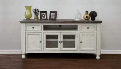 2 Drawer 4 Doors 70" TV Stand - Antiqued Ivory & Weathered Gray