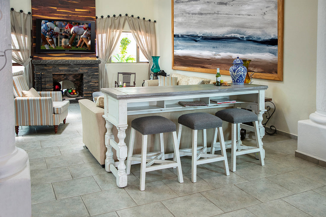 Upholstered Seat 24" Stool - Antiqued Ivory & Weathered Gray