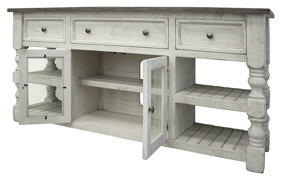 3 Drawer 2 Glass Doors 70" TV Stand - Antiqued Ivory & Weathered Gray