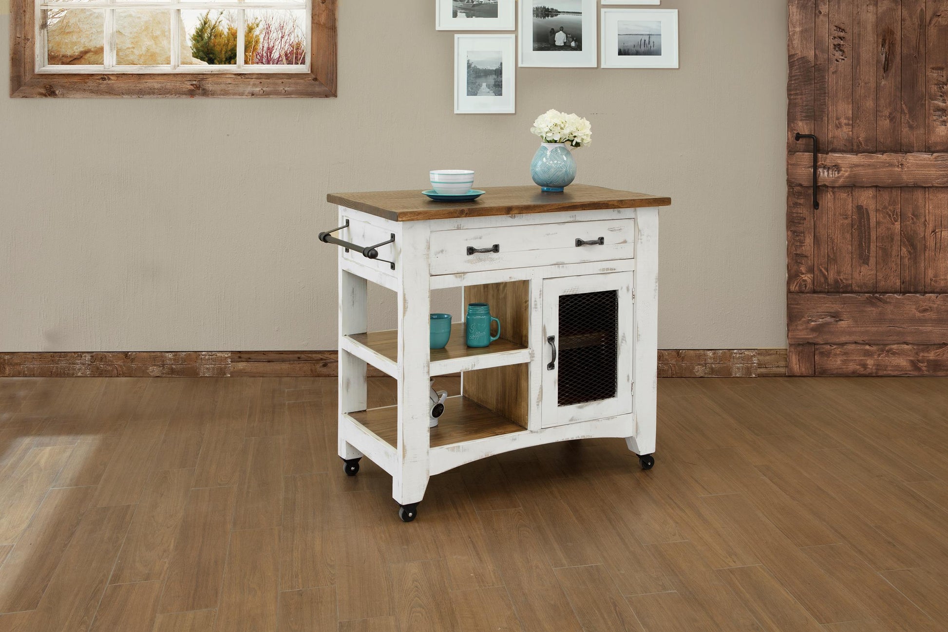 1 Drawer 1 Mesh Door Kitchen Island - Antiqued White & Brown