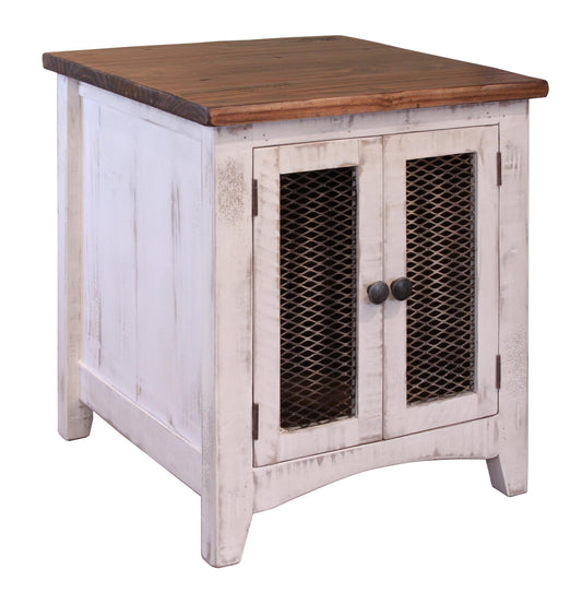 2 Metal Mesh Doors End Table - Antiqued White & Brown