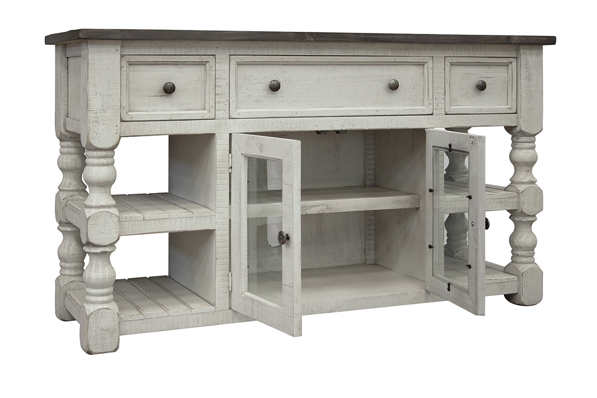 3 Drawer 2 Glass Door 60" TV Stand - Antiqued Ivory & Weathered Gray
