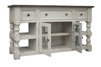 3 Drawer 2 Glass Door 60" TV Stand - Antiqued Ivory & Weathered Gray
