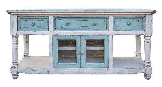 3 Drawer 2 Doors 70" TV Stand - Off White / Sky Blue