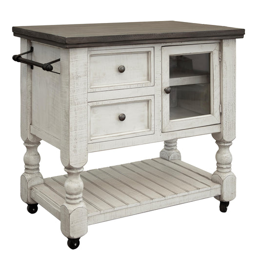 2 Drawer, 1 Glass Door Kitchen Island - Antiqued Ivory & Weathered Gray