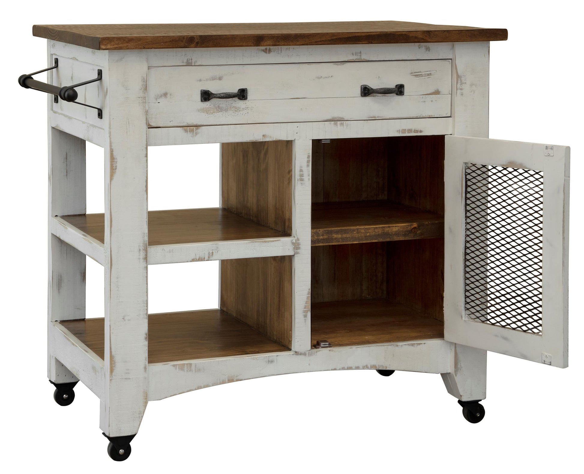 1 Drawer 1 Mesh Door Kitchen Island - Antiqued White & Brown