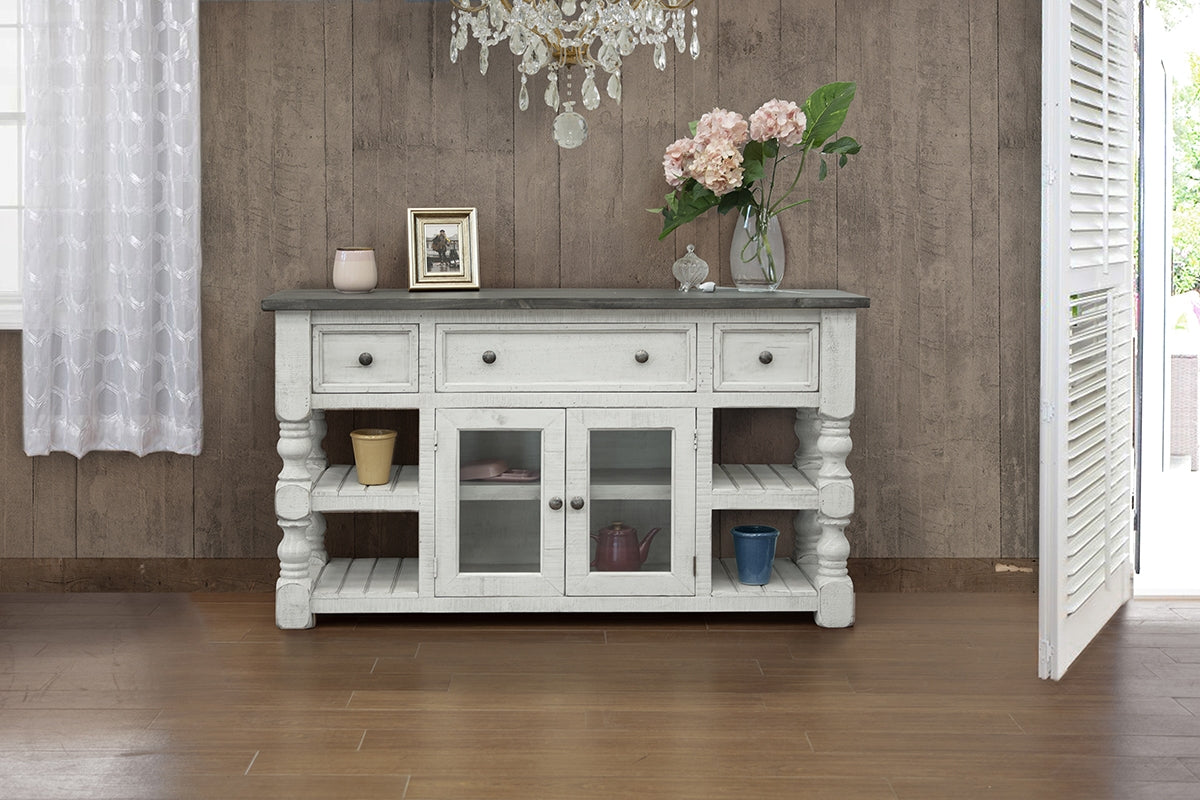 3 Drawer 2 Glass Door 60" TV Stand - Antiqued Ivory & Weathered Gray
