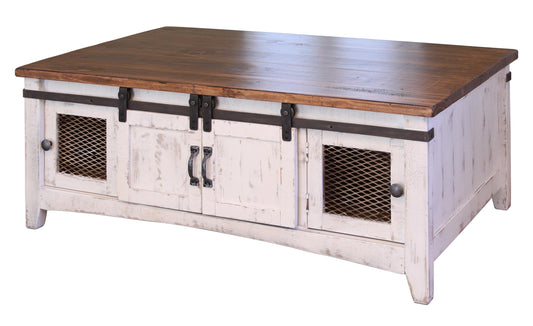 2 Sliding Doors 2 Metal Mesh Doors Cocktail Table - Antiqued White & Brown
