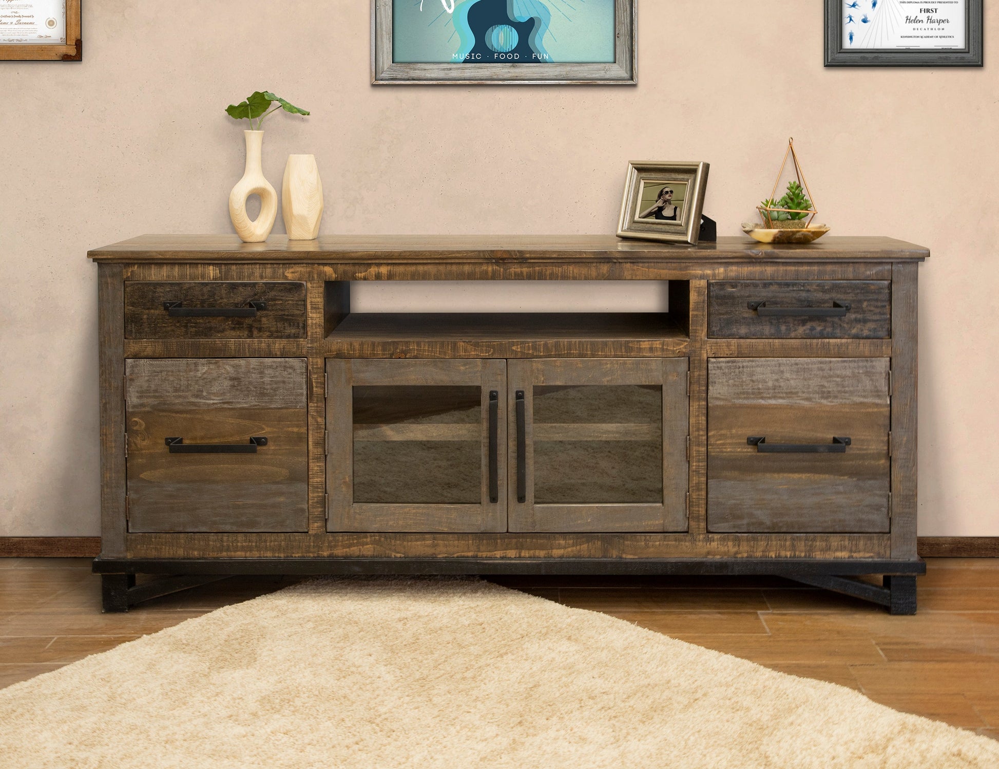 2 Drawer, 4 Doors 76" TV Stand - Two Tone Gray & Brown