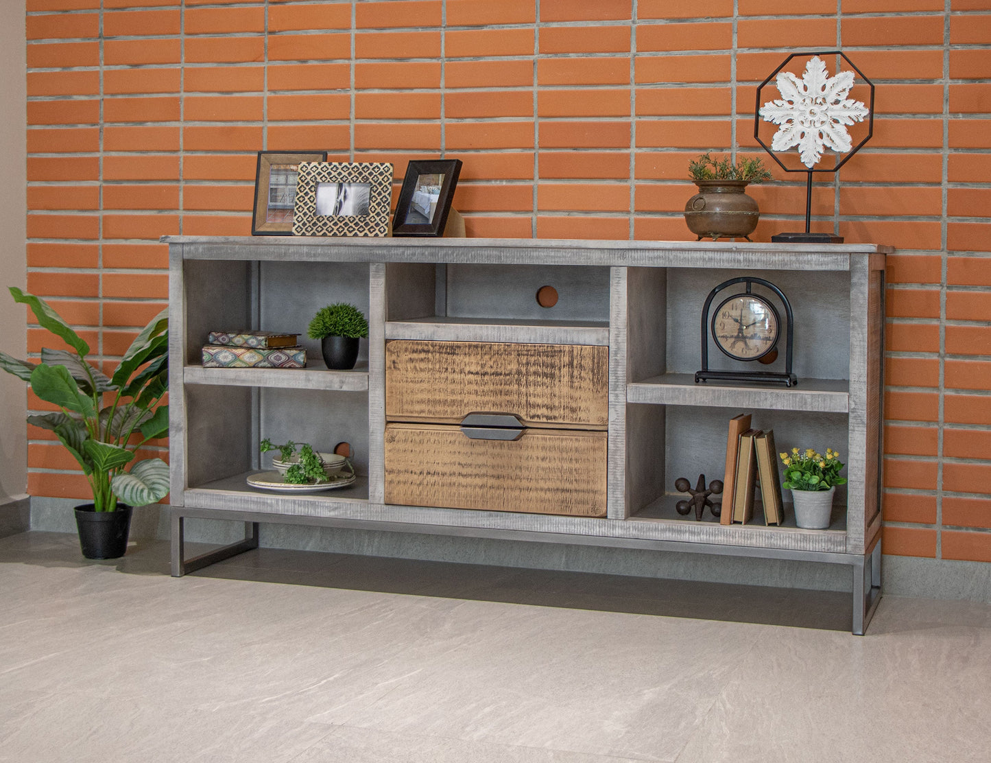5 Shelves 2 Drawer TV Stand - Honey Brown & Light Gray