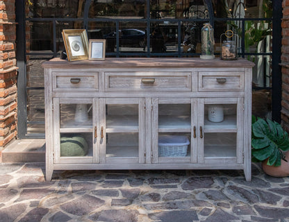 3 Drawer 4 Glass Door Console - Light Cream / Brown Caramel