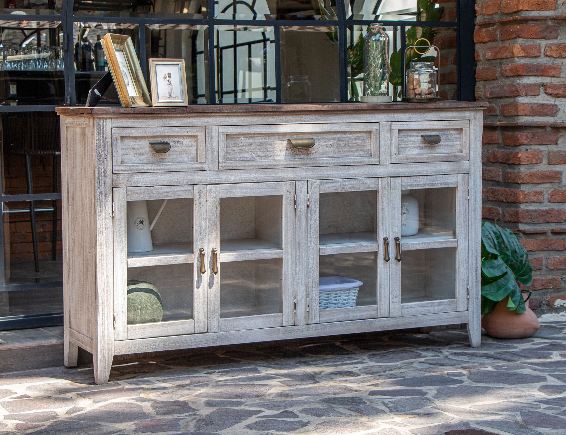 3 Drawer 4 Glass Door Console - Light Cream / Brown Caramel
