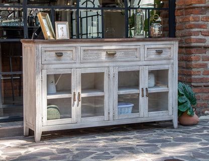 3 Drawer 4 Glass Door Console - Light Cream / Brown Caramel