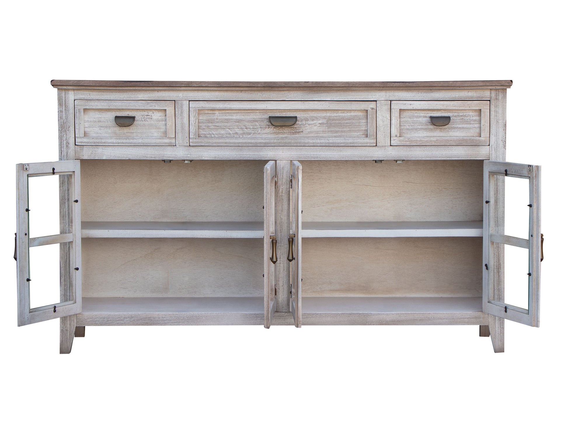 3 Drawer 4 Glass Door Console - Light Cream / Brown Caramel
