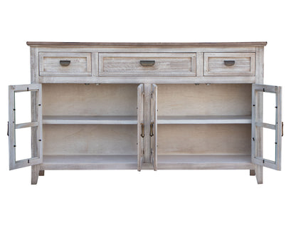 3 Drawer 4 Glass Door Console - Light Cream / Brown Caramel