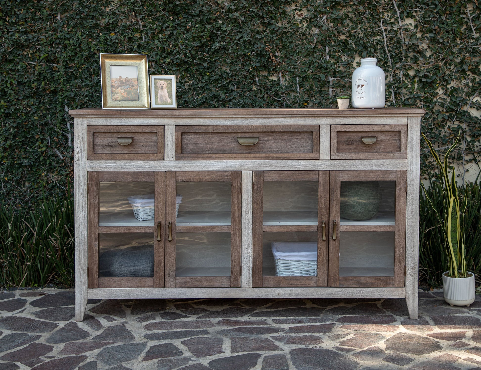 3 Drawer 4 Glass Door Console - Light Cream / Brown Caramel