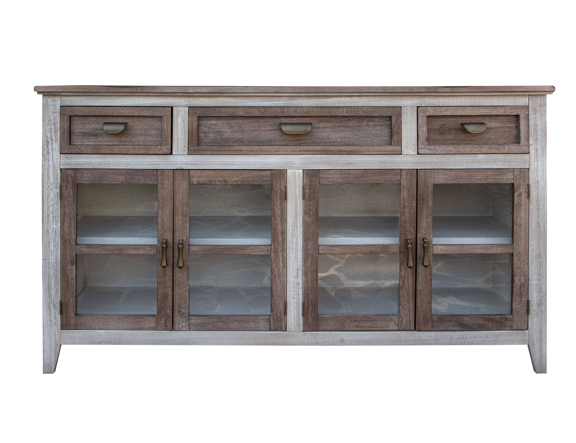 3 Drawer 4 Glass Door Console - Light Cream / Brown Caramel