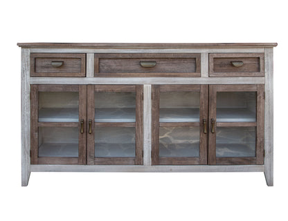 3 Drawer 4 Glass Door Console - Light Cream / Brown Caramel