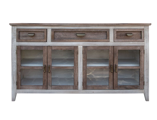 3 Drawer 4 Glass Door Console - Light Cream / Brown Caramel