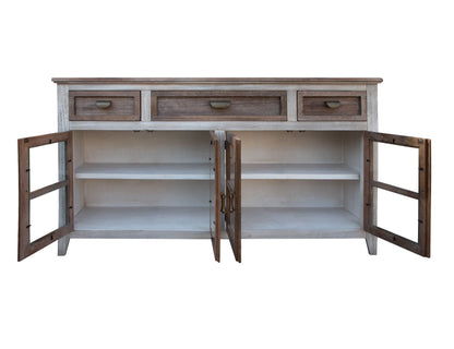 3 Drawer 4 Glass Door Console - Light Cream / Brown Caramel