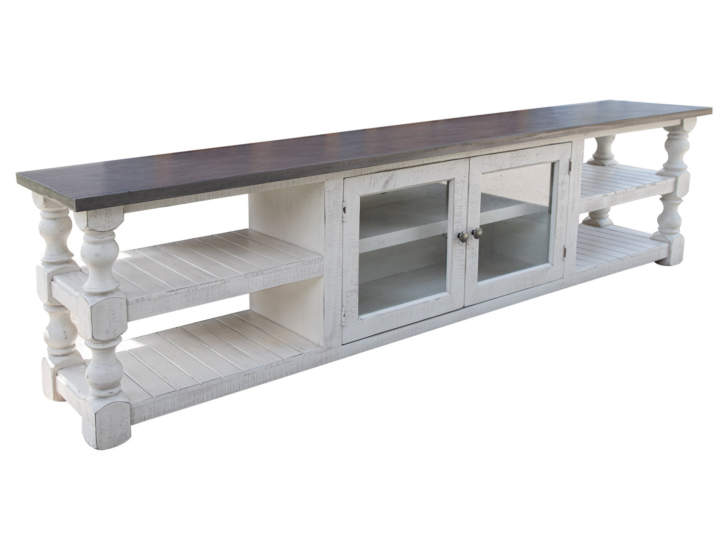2 Door 93" TV Stand - Antiqued Ivory & Weathered Gray