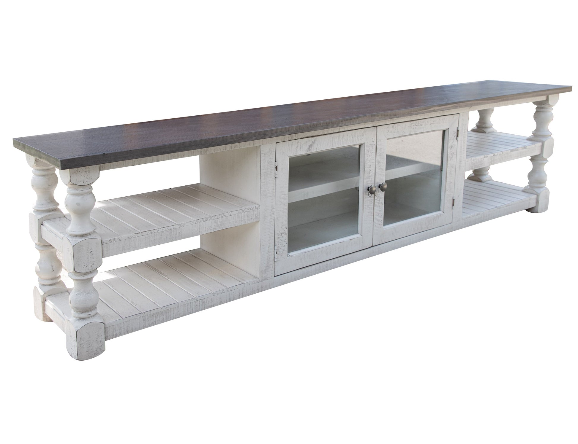 2 Door 93" TV Stand - Antiqued Ivory & Weathered Gray
