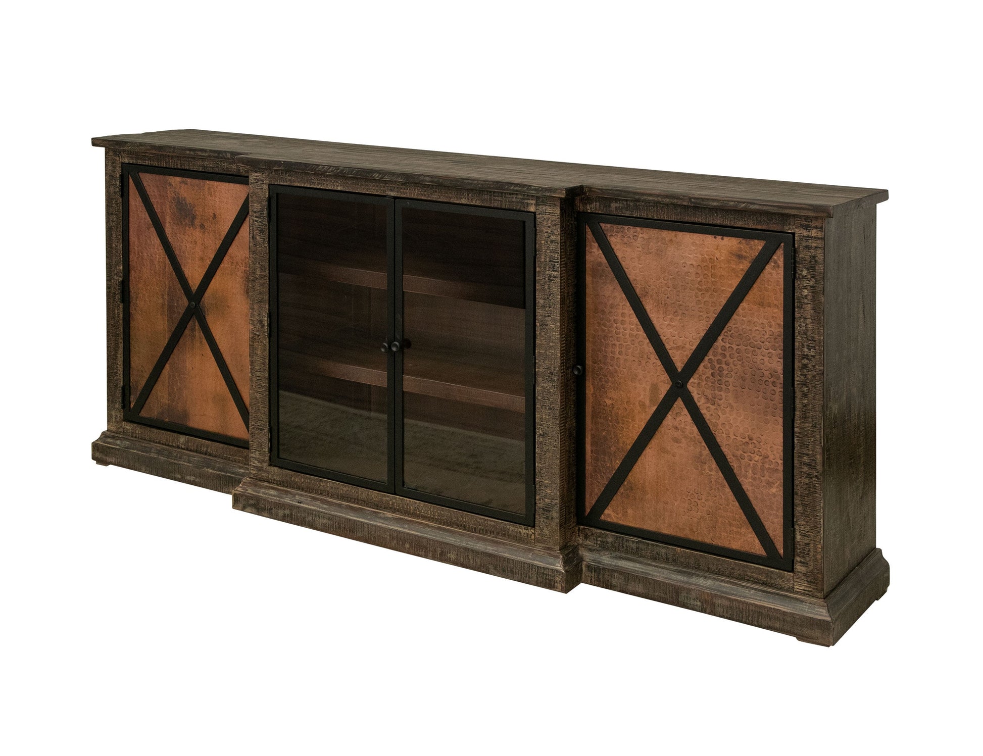 2 Copper-Paneled Door 2 Glass Door Console - Charred Brown