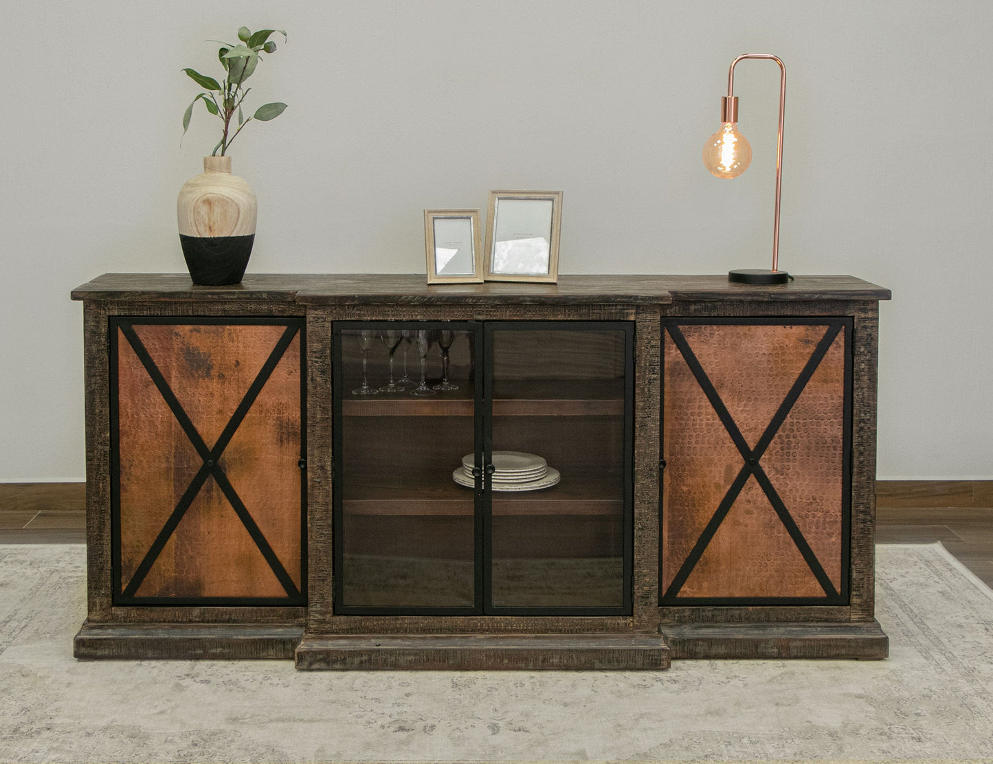 2 Copper-Paneled Door 2 Glass Door Console - Charred Brown