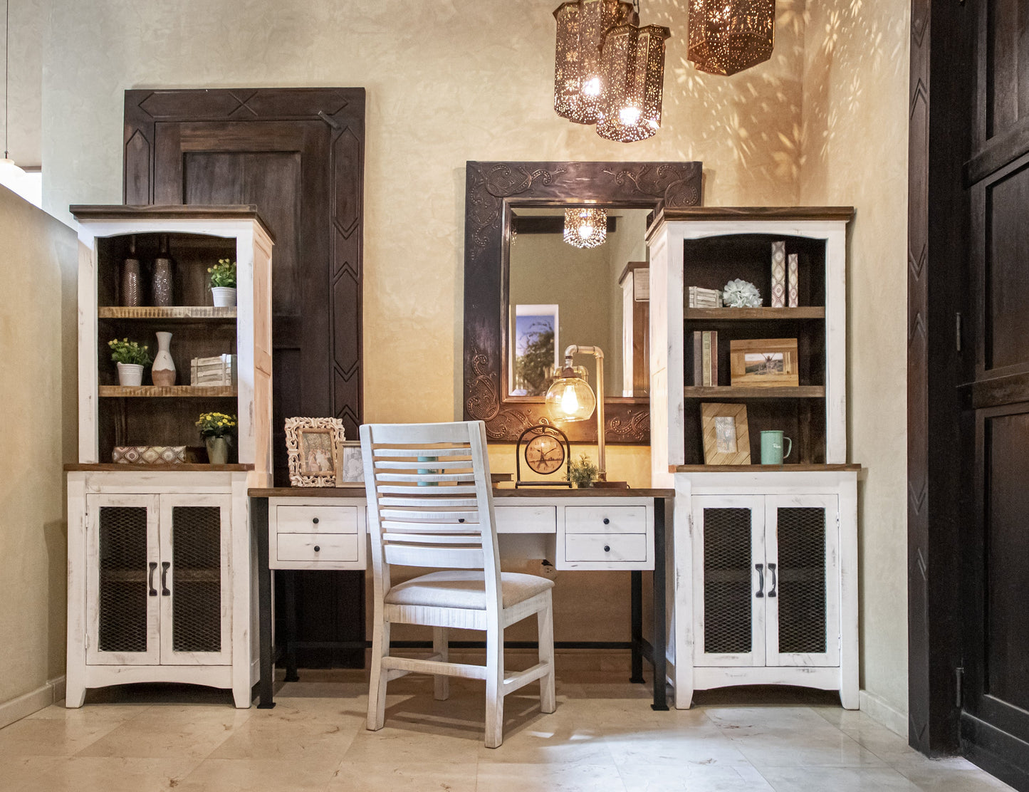 3 Shelves 2 Door Pier - Antiqued White & Brown