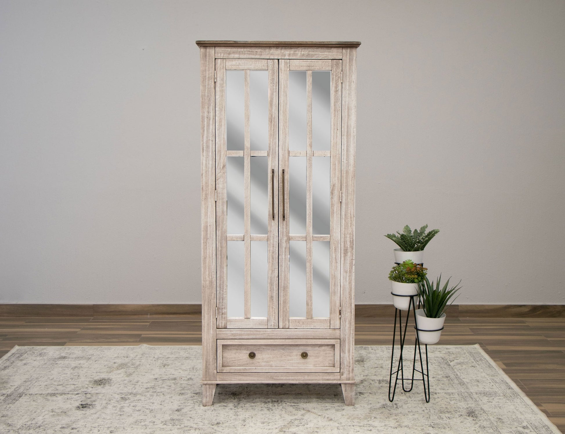 1 Drawer 2 Glass Doors Cabinet - Light Cream / Brown Caramel