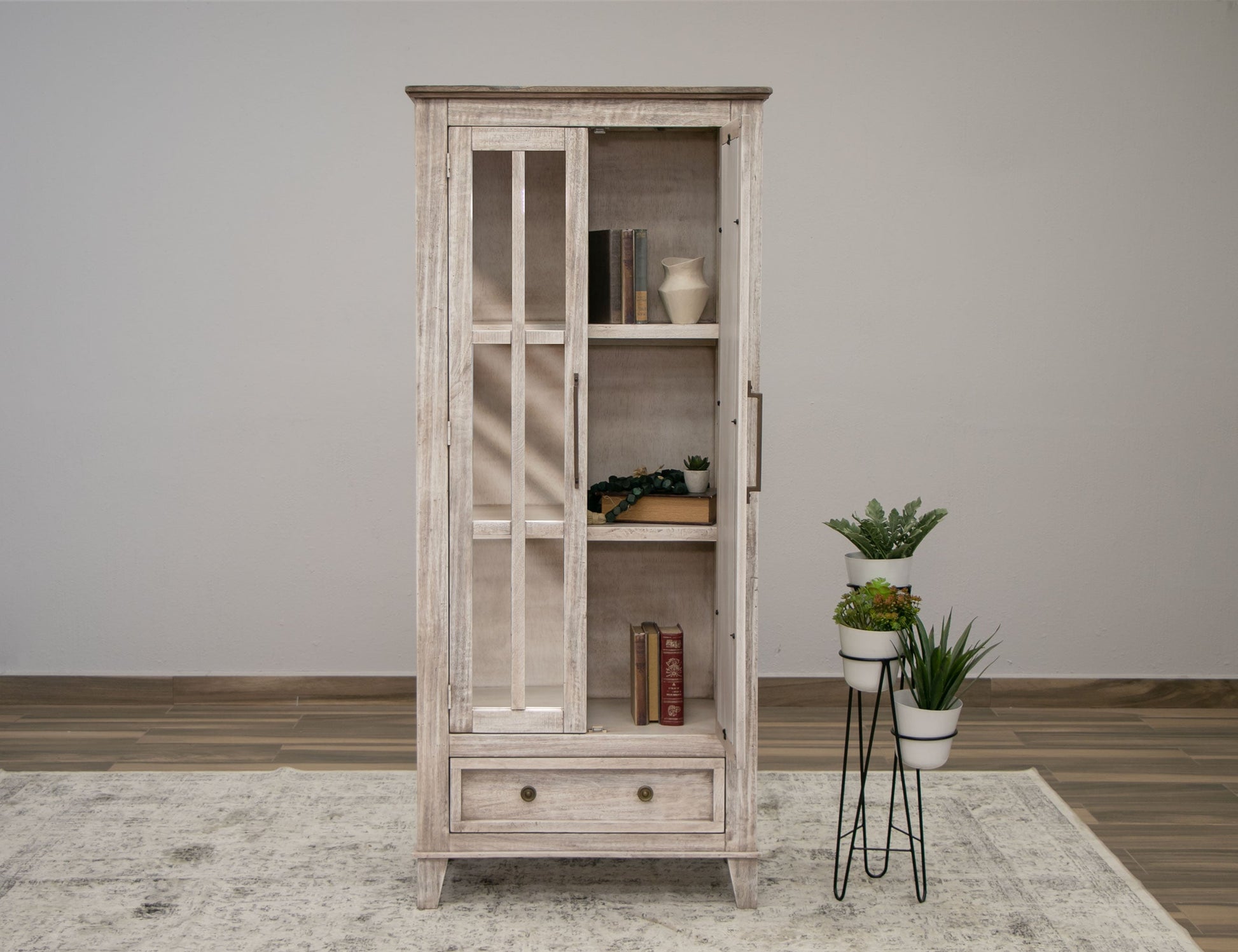 1 Drawer 2 Glass Doors Cabinet - Light Cream / Brown Caramel