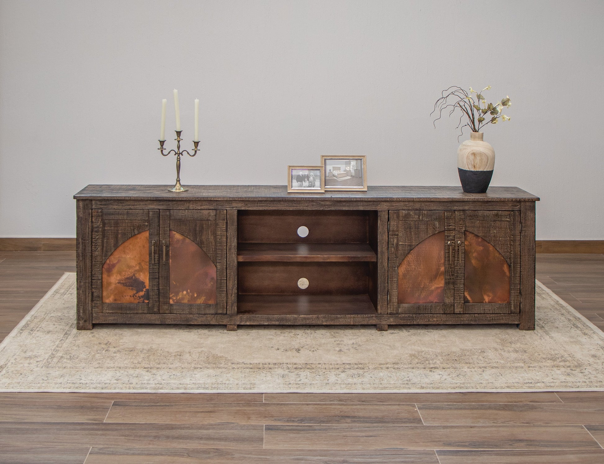 4 Copper-Paneled TV Stand - Charred Brown