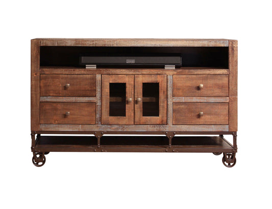 2 Glass Doors 4 Drawers 62" TV Stand - Brown & Golden Undertones