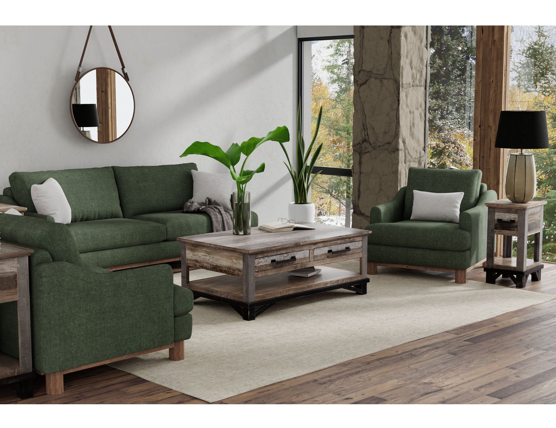 Wooden Frame & Base, Armchair - Olive Green