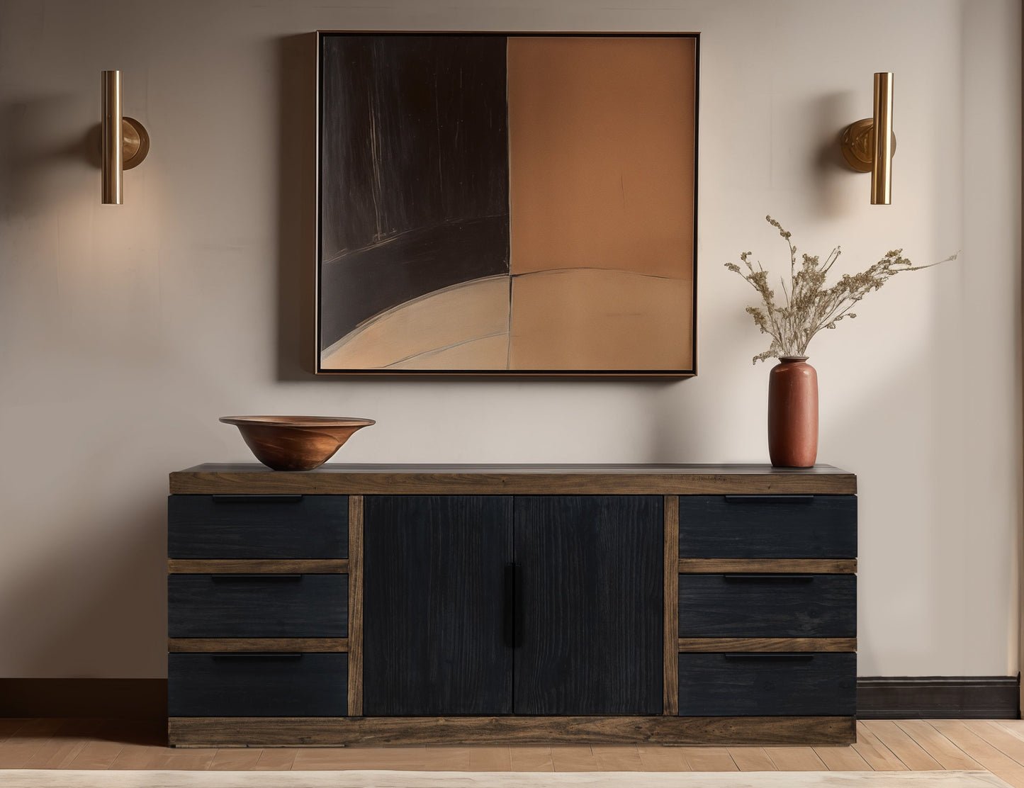 6 Drawer 2 Doors Console - Satin Black and Brown
