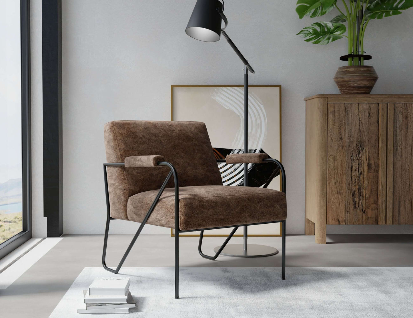 Wooden Frame & Metal Base, Armchair - Chocolate Brown